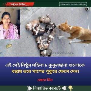 এই সেই নিষ্ঠুর মহিলা ৮ কুকুরছানা গুলোকে  বস্তায় ভরে পাশের পুকুরে ফেলে দেন।